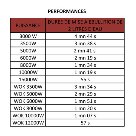 tableau des performances des plaques Seipam en terme de temps de mise à ébullition de 2 litres d'eau